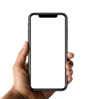 ai generato cellula Telefono modello tenuto nel mano, vuoto schermo isolato su trasparente sfondo, generativo ai png