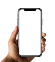 ai gegenereerd cel telefoon mockup gehouden in hand, blanco scherm geïsoleerd Aan transparant achtergrond, generatief ai png