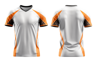 ai gegenereerd oranje en wit sport- t-shirt, Jersey mockup ontwerp met voorkant en terug keer bekeken, generatief ai png