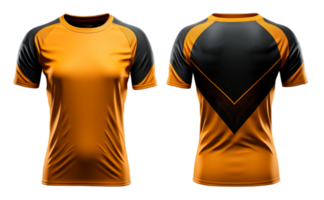 ai generiert Orange Sport T-Shirt mit schwarz Muster abstrakt, Jersey Attrappe, Lehrmodell, Simulation Design mit Vorderseite und zurück Sicht, generativ ai png