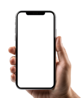 AI generated cell phone mockup held in hand, blank screen isolated on transparent background, generative ai png