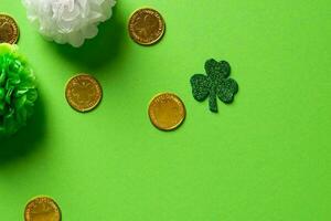 St. Patrick's Day Celebration, Festive Irish Holiday with Green Background, Concept of Shamrock Tradition in March Festival photo