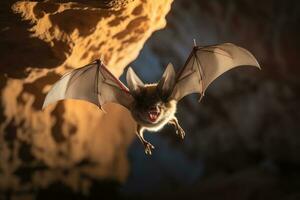 ai generado marrón animal pequeño vuelo de miedo naturaleza de cerca cueva oscuro oído colgando noche negro foto