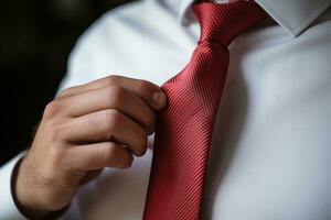 ai generado humano hombre estilo negocio blanco vestir gerente traje Corbata persona corbata masculino elegancia mano foto