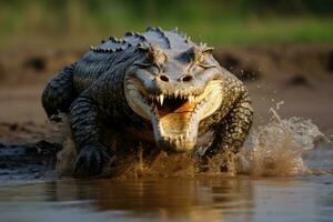 AI Generated Tropical nature predator caiman america amazon mouth wild wildlife reptile alligator photo