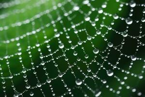 ai generado antecedentes agua lluvia detalle de cerca web telaraña gota de agua verde textura insecto trampa mojado foto