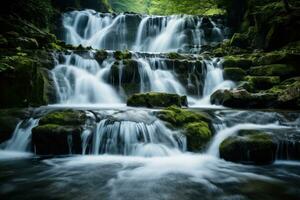 AI Generated Flowing water landscape cascade green spring beauty scenic forest river waterfall photo