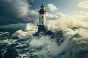 AI Generated Landscape dramatic sky wave stormy tide blue ocean lighthouse coast light wind photo