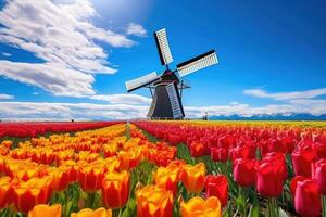 AI Generated Sky field netherlands red flowers spring nature rural tulip windmill farm tourism mill photo