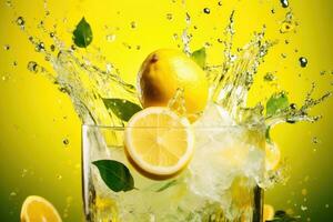 AI Generated Refreshing cocktail fresh drink lemon yellow citrus water fruit cold drop cool food photo