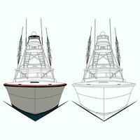 Front view fishing boat vector line art illustration.