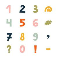 Cute funky 3d number set. Chunky bold symbols with comma, exclamation and question mark, dash, hashtag. Funny numbers and punctuation marks for book cover, logotype, design, poster, greeting card. vector