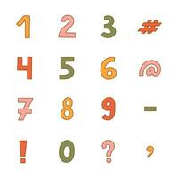 Cute funky number set with outline. Chunky bold symbols of question, comma, dash. Funny numbers and punctuation marks for cover, poster, banner, greeting card. Digits for retro design and logo vector