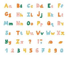 Cute funky 3d alphabet set. Bold font with shadow. Funny latin ABC with uppercase, lowercase letters, punctuation marks and numbers for poster, logo, headline, book cover, printed quotes vector