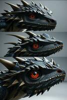 AI generated 3d rendering of a dragon head with orange eyes on a gray background photo