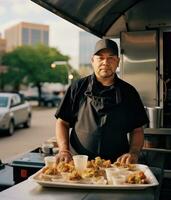 ai generado uno comida mirando retrato ocupación masculino joven restaurante hermoso hombres cocinar foto