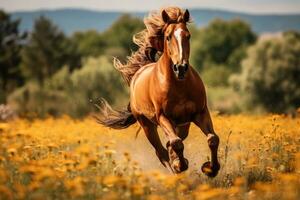ai generado equino caballo animal naturaleza verano césped galope libertad semental prado melena ecuestre foto