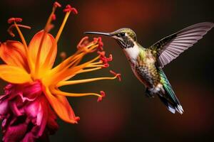 ai generado animal alas pico naturaleza flor néctar tropical azul fauna silvestre salvaje pequeño flotando foto