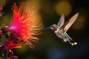 ai generado exótico aves ala fauna silvestre naturaleza animal néctar salvaje volador fauna pequeño alimentación foto