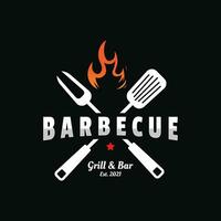 Barbecue BBQ Smoke and Grill Vintage Design Template With Crossed Spatula and Flame. vector