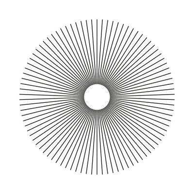 Circular lines. Geometric abstract object. Starburst shape. Sun star rays symbol. Radial, merging lines. Rays, beams element.Vector template isolated on white background.