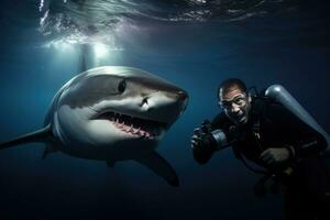 AI Generated Nature diver underwater swimming marine blue scuba jaws sea fish ocean animal predator photo