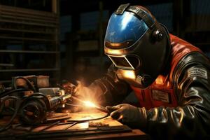 AI Generated Factory tool manufacture spark protection welder mask safety worker construction metal photo