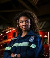 AI Generated Red woman fireman fighter equipment truck standing serious firefighter protection photo