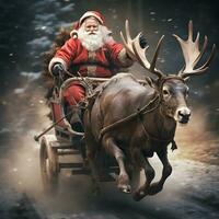 AI generated Merry christmas greeting text with santa claus riding generated by Ai photo