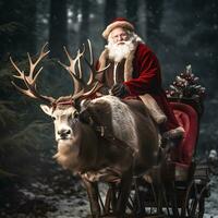 AI generated Merry christmas greeting text with santa claus riding generated by Ai photo