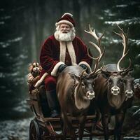AI generated Merry christmas greeting text with santa claus riding generated by Ai photo