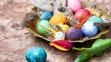 Colourful Easter Eggs. Vibrant, Festive Holiday Decorations Symbolizing Spring Celebration and Traditional Ornate Designs photo