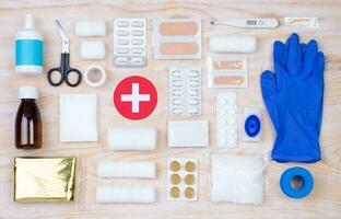 Emergency First Aid Kit, Medical Emergency Supplies for Health Care and Safety, Isolated for Rescue and Treatment Support photo