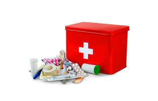 Emergency First Aid Kit, Medical Emergency Supplies for Health Care and Safety, Isolated for Rescue and Treatment Support photo