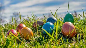 Colourful Easter Eggs. Vibrant, Festive Holiday Decorations Symbolizing Spring Celebration and Traditional Ornate Designs photo