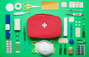 Emergency First Aid Kit, Medical Emergency Supplies for Health Care and Safety, Concept for Rescue and Treatment Support photo