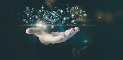 A businessman is displaying a 3D hologram concept of the Ai brain on his hand. He is wearing a business suit and standing against a black background of a futuristic technology screen. photo