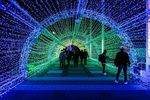 Osaka ciudad, jp, 2018 - el turistas tomó un caminar y fotografiado en el LED túnel ligero con felicidad a tempozan Osaka bahía. foto