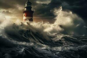 AI Generated Sea hurricane seascape tide light beacon weather water nature coastline ocean outdoors photo