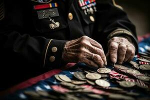 ai generado mirando veterano americano Servicio Estados Unidos monumento soldado patriota adulto retrato masculino antiguo foto