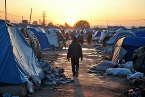 ai generado familia invierno vida tristeza inmigración frontera Irak Vagabundo acampar pobre ilegal tienda foto