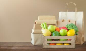 Box with food and paper packaging. Delivery concept. photo