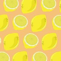 A yellow lemon with a piece of lemon on isolated orange background. A yellow lemons for textile used in juice concept vector