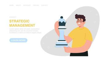 Web banner with man holds chess figure vector