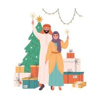 Muslim couple holding sparkler and celebrating Christmas or New Year. Christmas tree with presents. vector