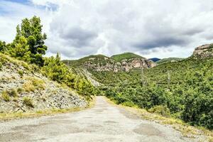 a dirt road in the mountains with trees and rocks photo