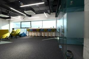 an office with wooden shelves and stools photo