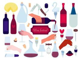 Set of wine festival stickers. Hands with glasses of red wine, bottles, wine tasting, decantor, corkscrew, corks, wineglasses vector set.