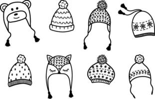 Knitted winter hats in the form of an owl, a bear and a fox. A set of vector icons of warm hats, winter and autumn accessories. Collection of hats with earflaps with animals. Children's clothing. Vect