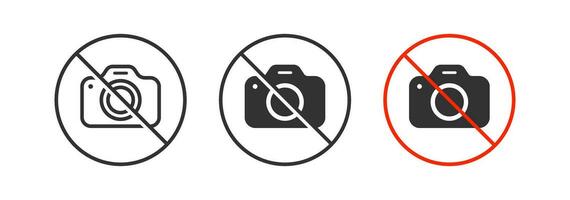 No photo icon. Forbidden camera symbol. Ban photography signs. Prohibited take photo symbols. Stop recording icons. Black, red color. Vector sign.